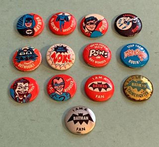 1966 Batman 7/8” Buttons Near Set 13/14 Pins Joker Riddler Robin Batmobile Fan