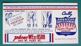 Ink Blotter Advertisement 1950s - American Dry Cleaners Milwaukee Wisconsin