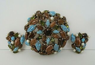 Schreiner Vintage Signed Rhinestone Brooch/pendant And Clip On Earrings