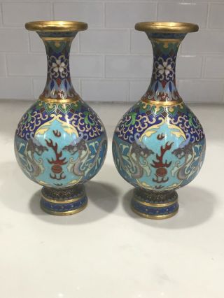 Vintage Pair Chinese Cloisonne Enameled Dragon Vases 7.  5 " Tall