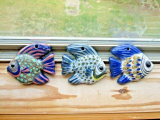 Clay Pottery Fish,  Set Of 3 Colorful Hand Painted And Signed Ken Edwards