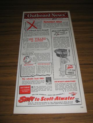 1950 Vintage Ad Scott - Atwater Outboard Motors 7 1/2 Hp Twin Minneapolis,  Mn