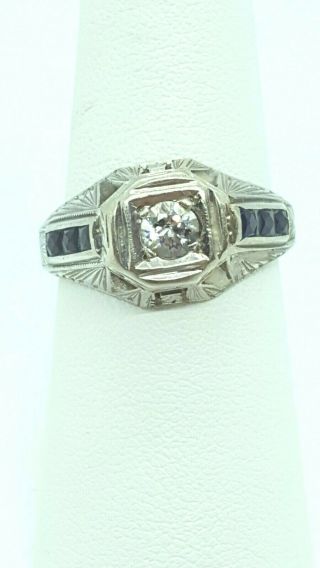Antique Art Deco 14k White Gold Diamond & Sapphire Engagement Ring