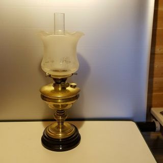 Victorian Brass Oil Lamp With A Very Big Cream And Pink Shade,  Burner,  Funnel