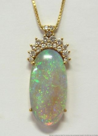 Killer Fiery Huge 9ct Natural Australian Opal Diamond 18k Gold Pendant Necklace