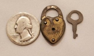 Brass Miniature Padlock Lock Heart Shape Lock with Key  Vintage 3