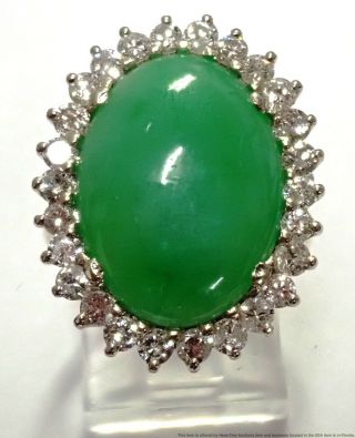 Ladies Huge Natural Jadeite Jade Vintage 1950s 1.  1ct Fine White Diamond Ring