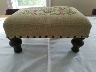 Vintage Needlepoint Victorian Foot Stool Antique Tapestry Ottoman Floral