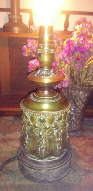 Antique French Art Nouveau Brass Ornate Repousse Lamp converted to electric. 3