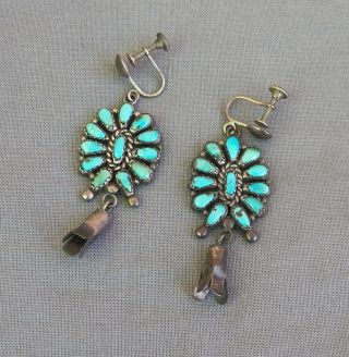 Old Vtg Native American Ster Turquoise Cluster Squash Drop Dangle Earrings