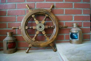 24 " Antique Brass Wooden Ship 6 Spoke Nautical Vintage Wall Decor Steering Wheel
