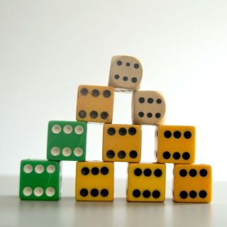 Vintage Set Of 10 Assorted Game Dice Green Yellow Wooden Small