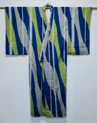 Japanese Silk Antique Kimono / Omeshi / Blue & Yellow / Silk Fabric /153