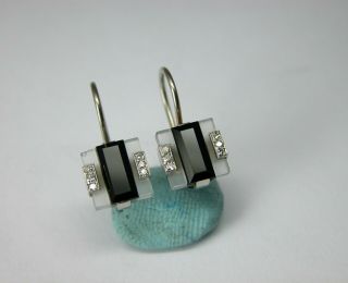 Antique Very Art Deco Rock Crystal Onyx Diamond 14k Gold Earrings
