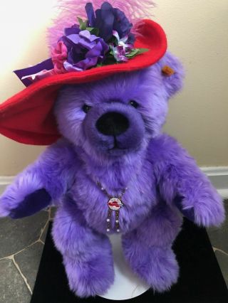 Rare Vintage Steiff Teddy Bear Red Hat Society With Necklace,  Button & Tag