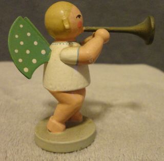 Vintage Erzgebirge Angel Wood Long Trumpet Player German Figurine