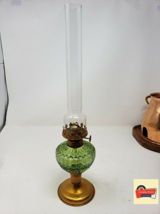 Green Glass Non Electric Antique Oil Lamp.  16 " W/chimney Vintage.