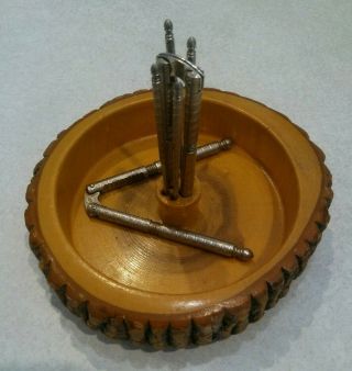 Vintage Wood Nut Cracker Bowl Set W/ Picks Tree Log Bark Side