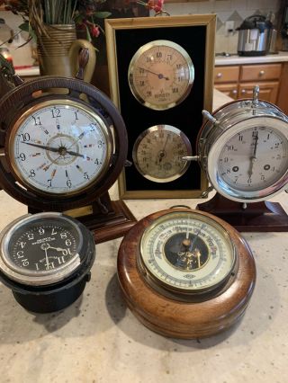 Vintage Schatz Nautical Ships Bell Clock,  And Welby Wall Barometer And Other