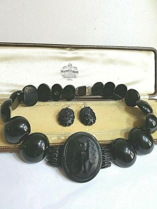 Antique.  Victorian Whitiby Jet Cameo Choker Necklace & Earrings Goth