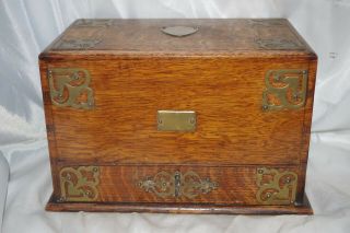 Vintage Tiger Oak Wood Box Chest Slide Open File Cabinet Brass Hardware Table