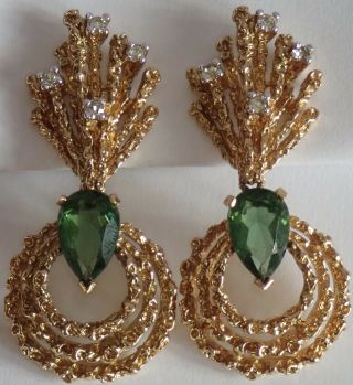 Chic Vintage Modernist Panetta Gold Plate Emerald Crystal Rhinestone Earrings
