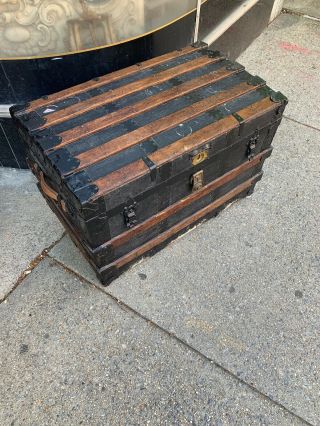 Vintage Steamer Trunk Flat Top Wood Metal With No Tray.