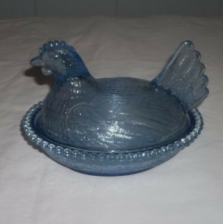 Vtg Indiana Glass Blue Hen On Nest Covered Chicken Candy Dish 7 "
