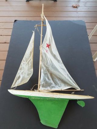Vintage Toy Sailboat Cutter Yacht Model Boat Green Large 23 1/2 "