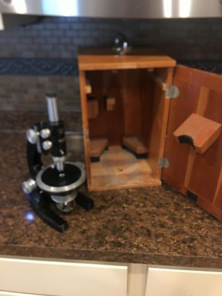 Vintage Bausch Lomb Polarizing Microscope With Rotating Stage And Wood Box.