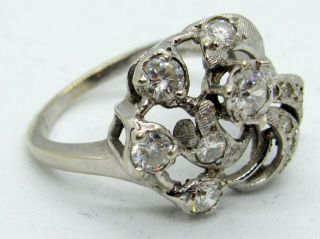 Vintage 14k White Gold Cluster Ring W/ 10 Stones Around A Center Diamond Sz 6.  75