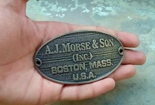 Vintage Solid Brass A.  J Morse & Son Boston Mass Diving Divers Helmet Name Plate