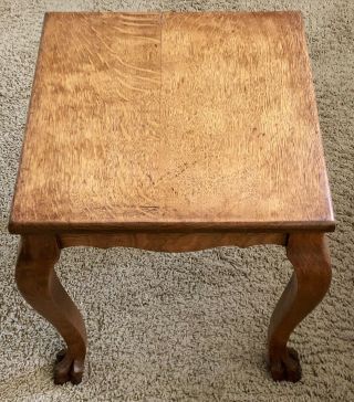 Antique Golden Oak Carved Claw Foot Wood Small Occasional Queen Anne Style Table