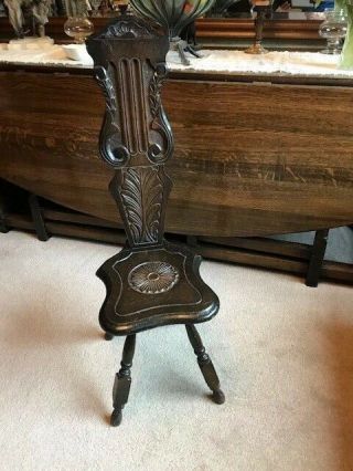 Antique Vintage Dark Wood Spinning Chair With Ornate Carving To Back And Seat