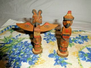 Vintage Wooden Hand Carved Native American Totem Pole Figurines (set Of 2)