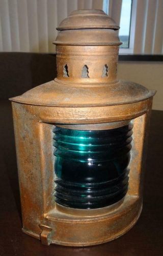Vintage National Marine Lamp Co Lantern With Blue Green Fresnel Lens