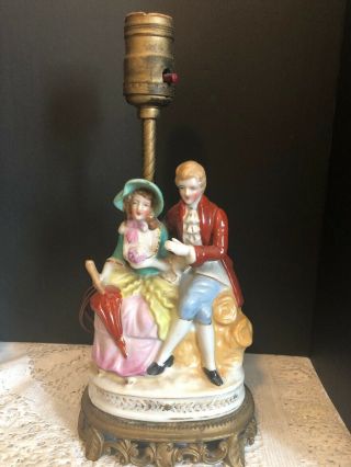 Vintage 1940s Victorian Couple Porcelain Table Lamp Brass Base By Co&s Ny 566