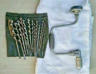 Vintage Stanley No 923 12 " Ratcheting Auger Bit Brace Drill W/ 15 Bits Old Tools