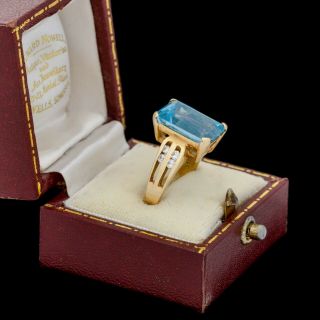 Antique Vintage Deco Retro 14k Gold Emerald Cut Blue Topaz Diamond Ring Sz 6.  75