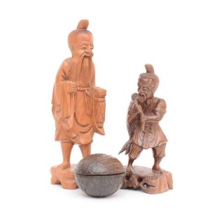 2 Chinese Hand Carved Wooden Figurines And Balinese Trinket Box