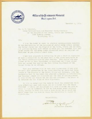 1921 Office Of The Postmaster General Will H.  Hays Typed Letter Signed