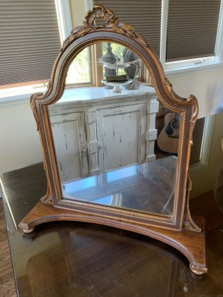 Antique Vintage French Style Carved Wood Dresser Top Shaving Vanity Mirror