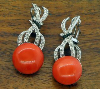 Vintage Palladium Art Deco Antique Coral Diamond Filigree Chandelier Earrings