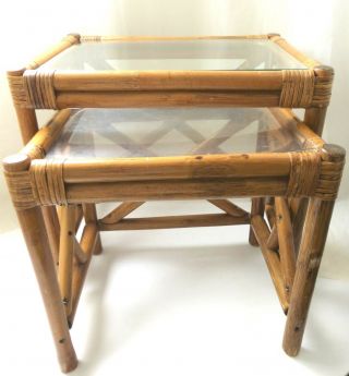 Boho Chic Vintage Rectangular Bamboo Nesting Side Tables