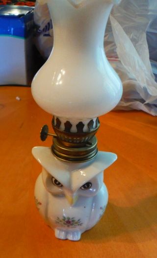 Minature Glass Owl Oil Lamp Painted Porcelian Base With White Glass Chimney
