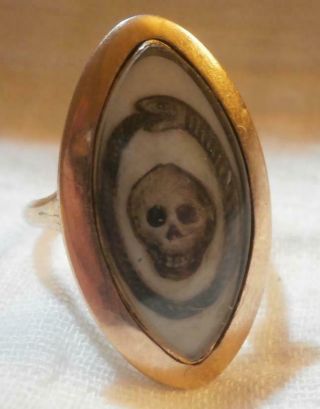 Rare Georgian Gold Memento Mori Mourning Ring With Skull & Serpent Engraved 1786