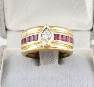 Vintage 18ct Gold Ring / Band With Diamond And Baguette Ruby