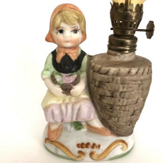 Vintage Bisque Ceramic Small Figurine Kerosene Oil Lamp European Girl Scene