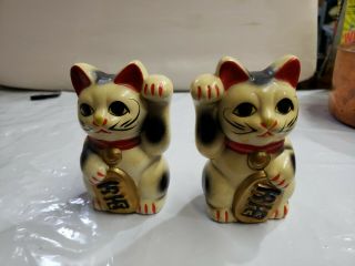 Vintage 2 Porcelain Ceramic Japanese Maneki Neko Lucky Cat Piggy Bank 719