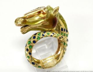 18k Gold Diamond Enamel Horse Head Ring Vintage Equestrian Italian Wrap 16.  8gram